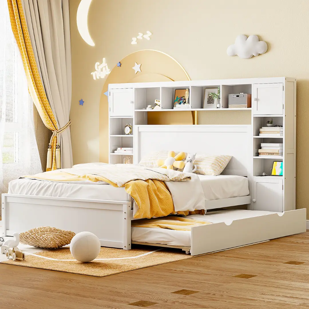 Queen Size White Wooden Bed With All-In-One Cabinet Shelf and Socket