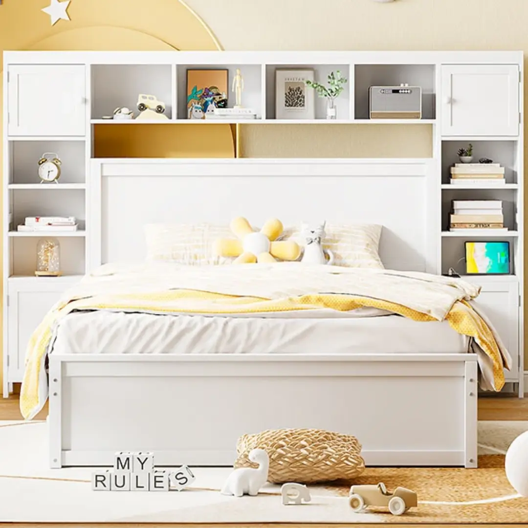 Queen Size White Wooden Bed With All-In-One Cabinet Shelf and Socket