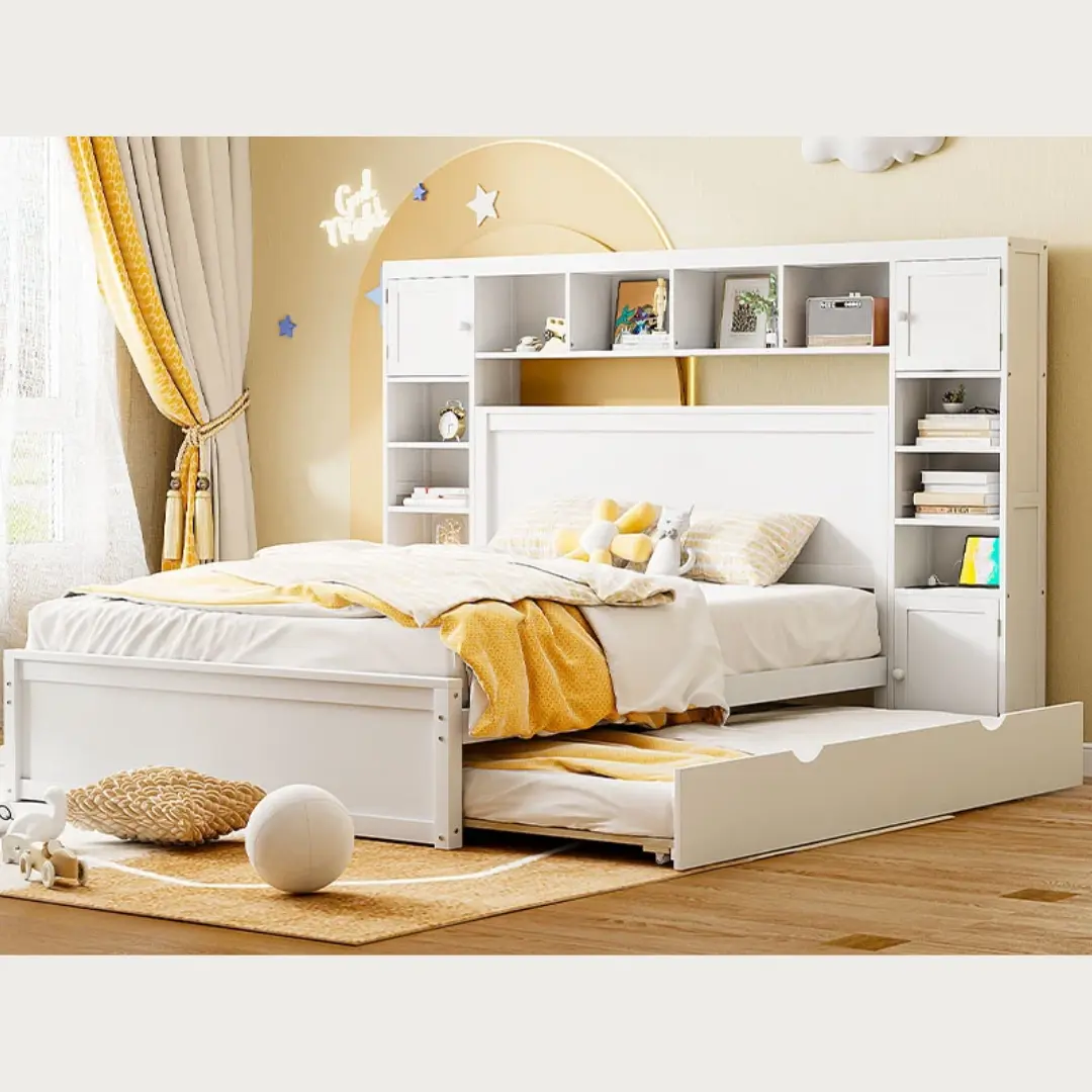 Queen Size White Wooden Bed With All-In-One Cabinet Shelf and Socket