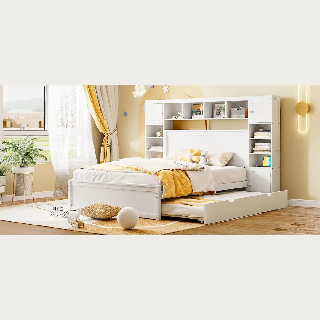 Queen Size White Wooden Bed With All-In-One Cabinet Shelf and Socket