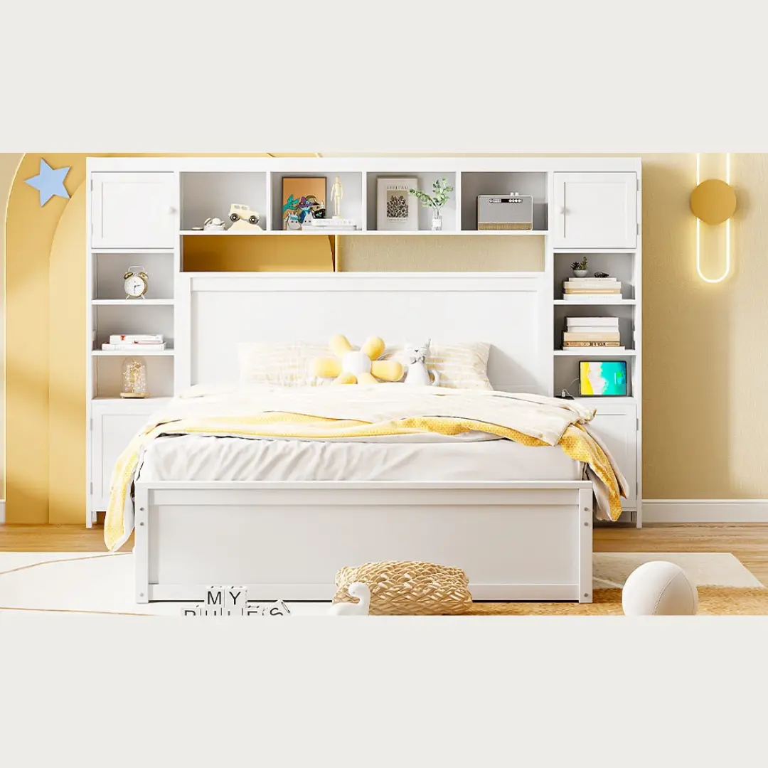 Queen Size White Wooden Bed With All-In-One Cabinet Shelf and Socket