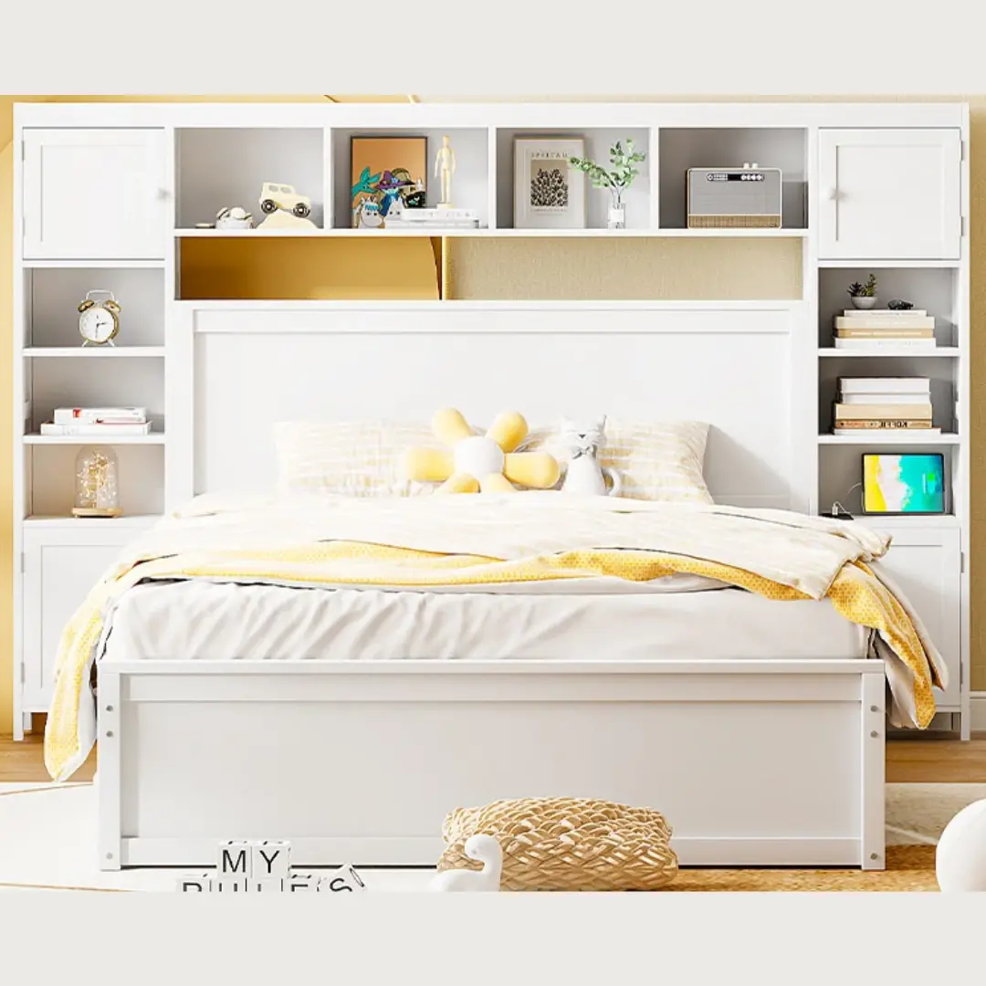 Queen Size White Wooden Bed With All-In-One Cabinet Shelf and Socket