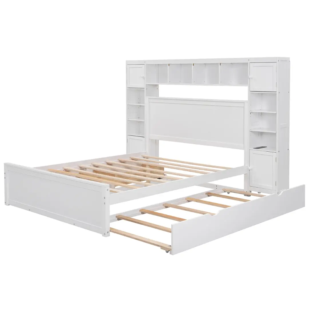 Queen Size White Wooden Bed With All-In-One Cabinet Shelf and Socket