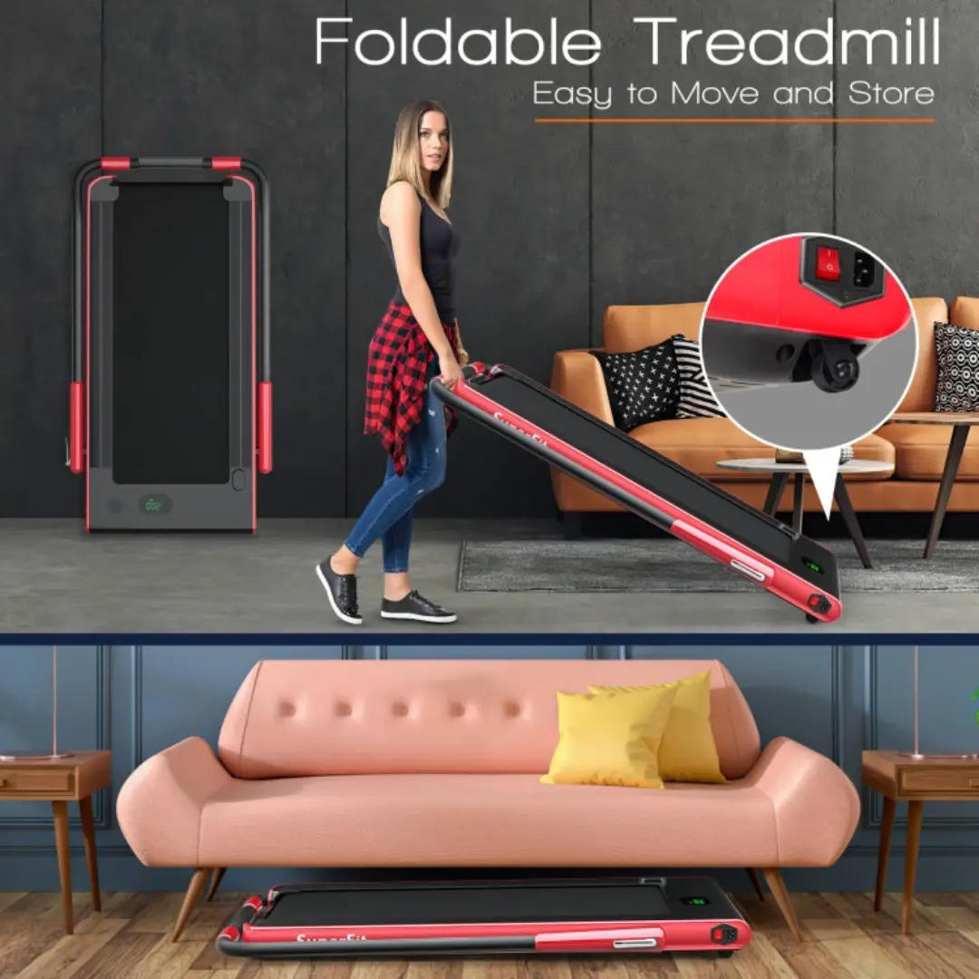 Red 2-in-1 Folding Walking Pad Treadmill with Remote Control and LED Display