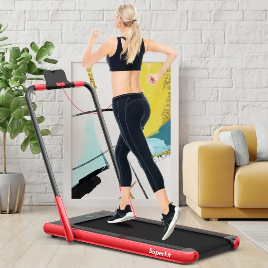 Red 2-in-1 Folding Walking Pad Treadmill with Remote Control and LED Display