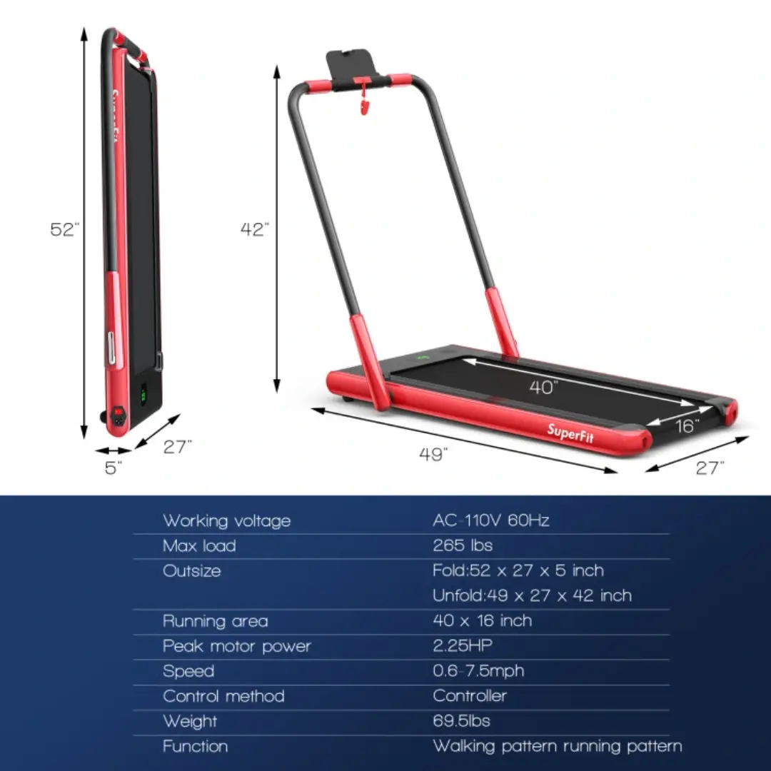 Red 2-in-1 Folding Walking Pad Treadmill with Remote Control and LED Display