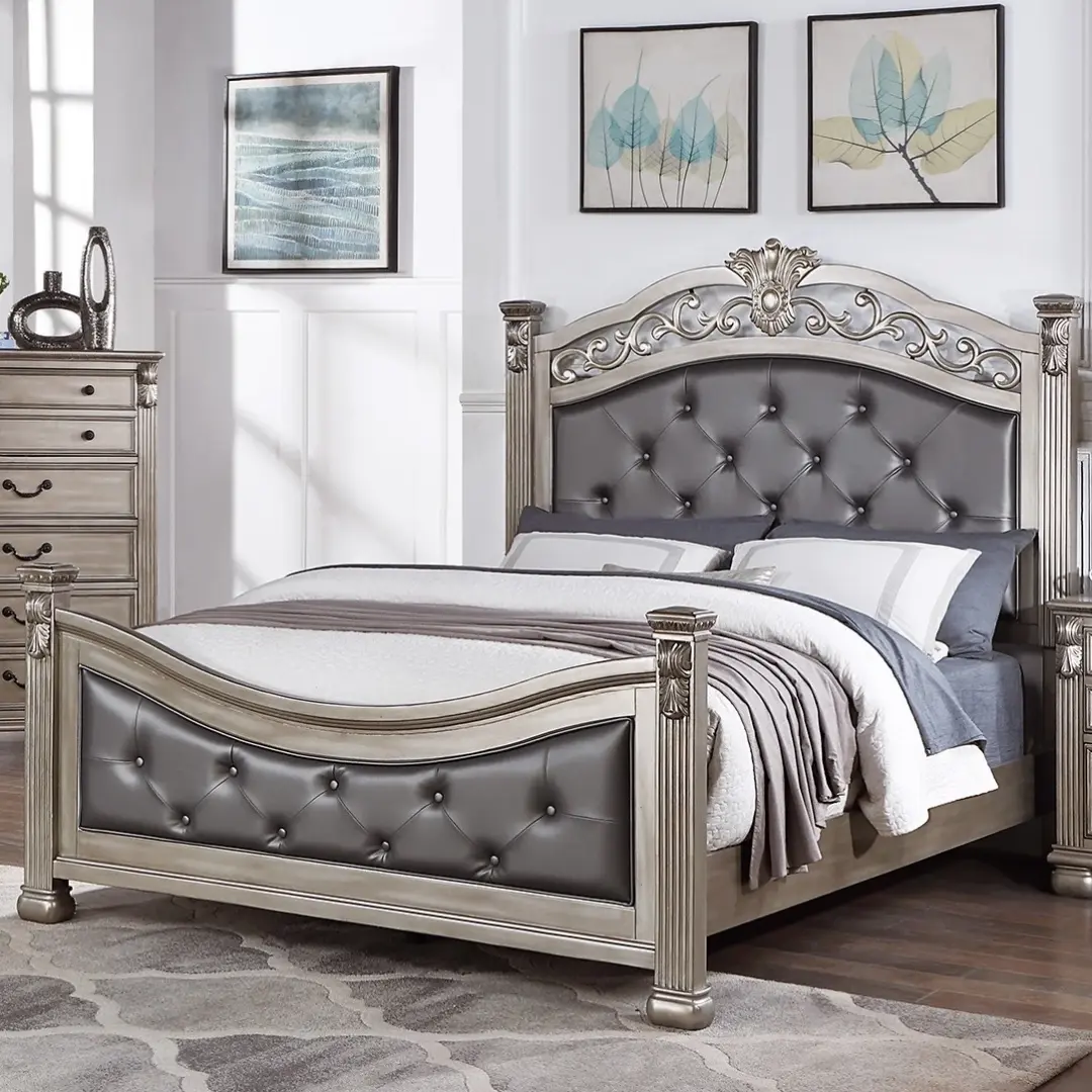 Queen Size Formal Traditional Antique Silver 1pc Bed Tufted Faux Headboard Footboard Bedframe