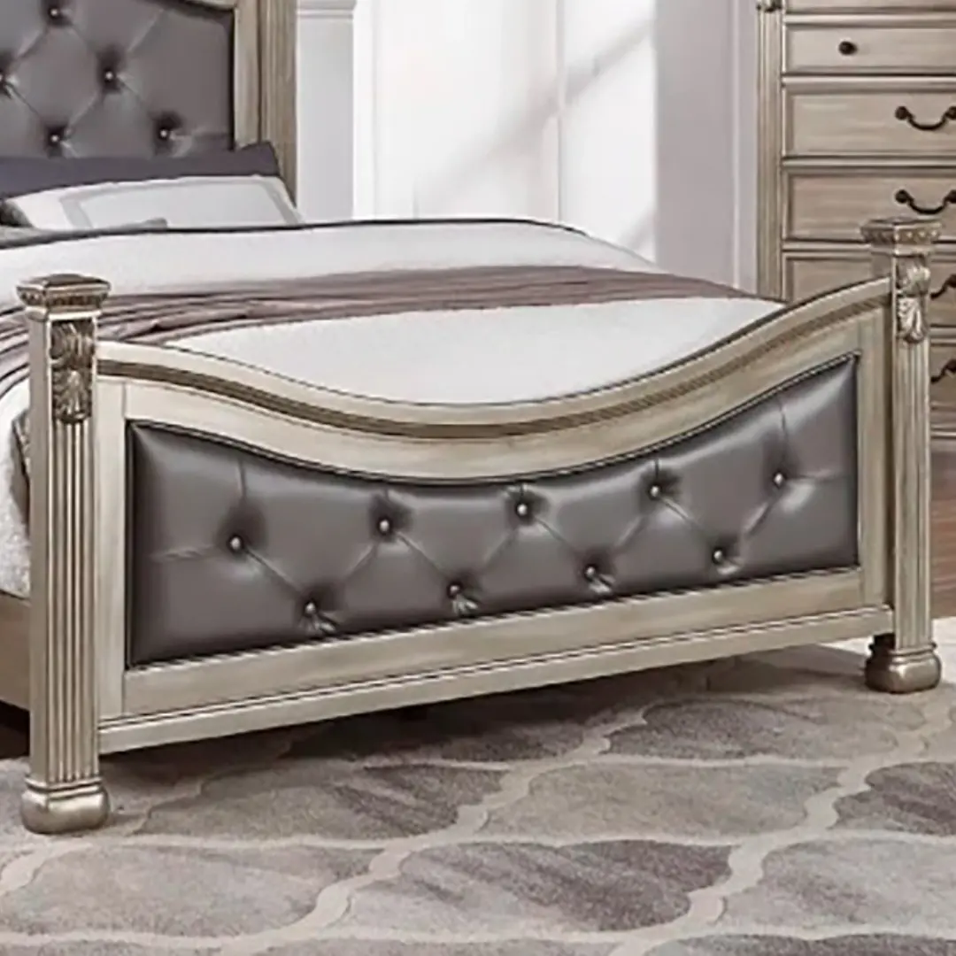 Queen Size Formal Traditional Antique Silver 1pc Bed Tufted Faux Headboard Footboard Bedframe