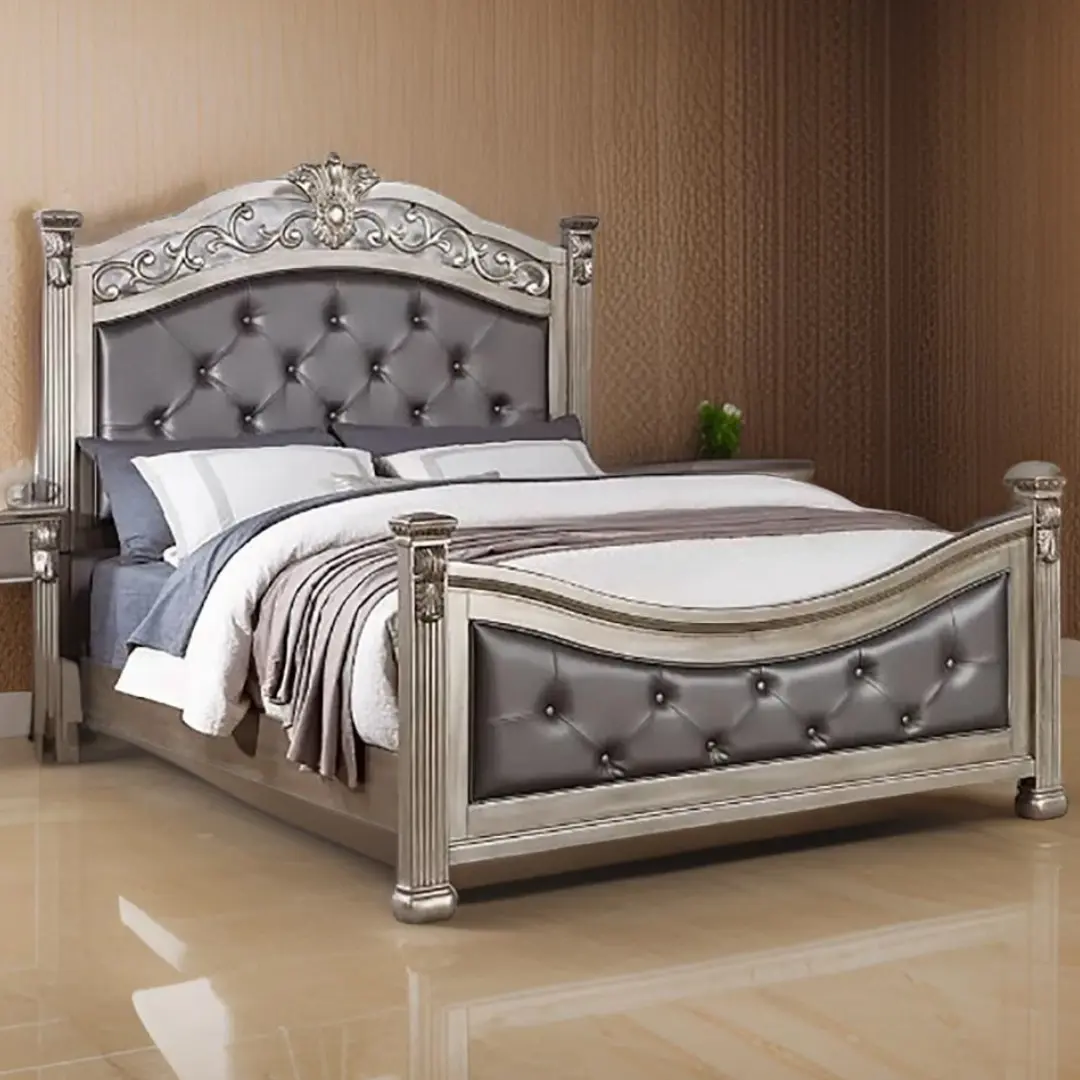 Queen Size Formal Traditional Antique Silver 1pc Bed Tufted Faux Headboard Footboard Bedframe